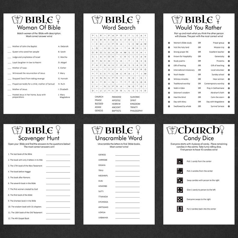 May include: A printable Bible-themed game set with six different activities: Woman of the Bible, Word Search, Would You Rather, Scavenger Hunt, Unscramble Word, and Church Candy Dice. The games are designed for a group of people to play together.