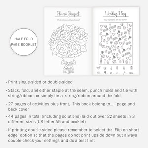 May include: A printable booklet with two coloring pages. The first page features a bouquet of flowers with the text "Flower Bouquet" and "What colors would you choose?" The second page features a "Wedding I Spy" game with the text "How many items can you count?" and a grid of wedding-themed images.