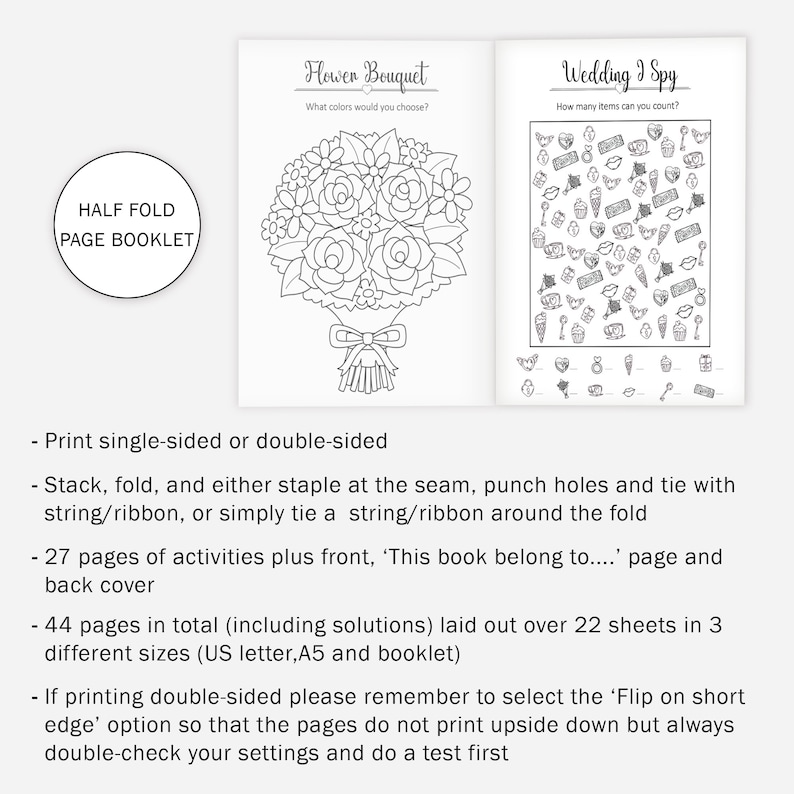 May include: A printable booklet with two coloring pages. The first page features a bouquet of flowers with the text "Flower Bouquet" and "What colors would you choose?" The second page features a "Wedding I Spy" game with the text "How many items can you count?" and a grid of wedding-themed images.