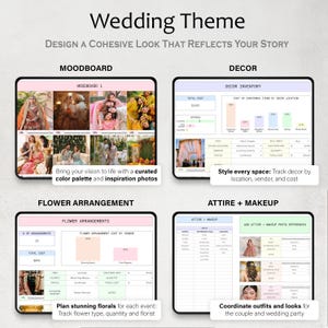 May include: A digital wedding planning guide with the title "Wedding Theme". The guide includes sections for mood boards, decor inventory, flower arrangements, and attire and makeup. Text includes "Bring your vision to life with a curated color palette and inspiration photos."