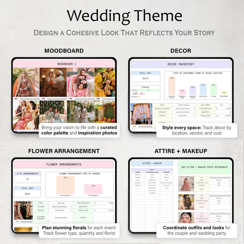 May include: A digital wedding planning guide with the title "Wedding Theme". The guide includes sections for mood boards, decor inventory, flower arrangements, and attire and makeup. Text includes "Bring your vision to life with a curated color palette and inspiration photos."