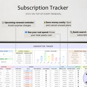 May include: A digital subscription tracker spreadsheet displayed on a screen. The interface includes sections for upcoming renewals, category breakdowns, and a subscription search tool. Text labels include Subscription Tracker, Stay on top of every renewal, and Renewal Reminder.