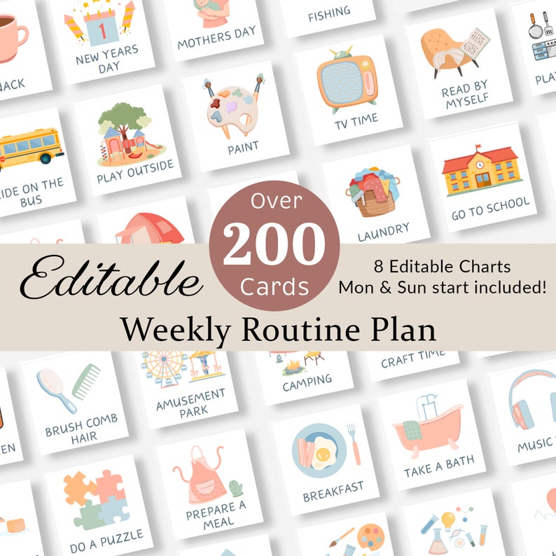 May include: A set of over 200 printable cards for a weekly routine plan. The cards feature colourful illustrations and text, such as "Brush Comb Hair", "Go to School", "Play Outside", and "Read by Myself".
