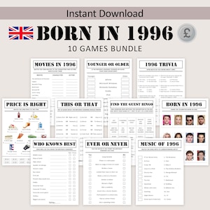 以下が含まれることがあります： 「BORN IN 1996」というタイトルの、イギリスの国旗が付いた印刷可能なゲームバンドル。トリビア、ビンゴ、「Price is Right」など、10種類のゲームが含まれています。ゲームは白黒のデザインです。