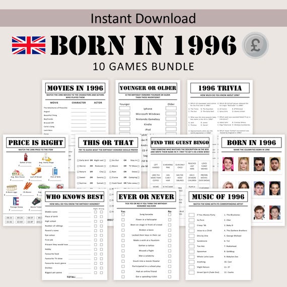30th Birthday Games UK Bundle British 30th Birthday Party Games 1996 Trivia Born in 1996 30 year Men Women Him Her Pound PRINTABLE Digital