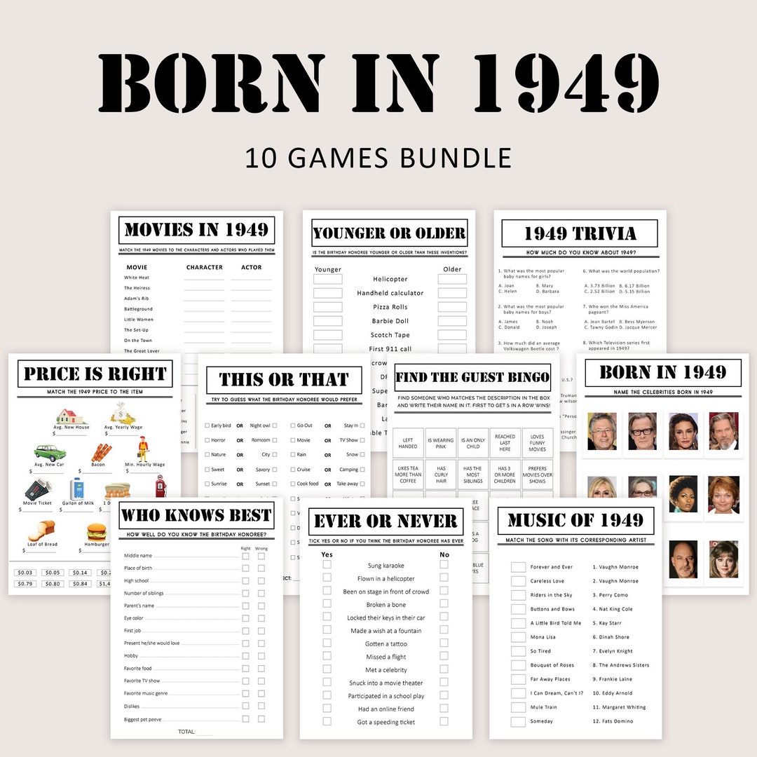 75th Birthday Games Bundle 75th Birthday Party Games 1949 Trivia Born ...