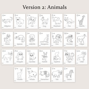 May include: A collection of 26 flashcards featuring animal illustrations, each paired with a letter of the alphabet. The cards are black and white, with the animal's name printed below the image. The text "Version 2: Animals" is at the top.