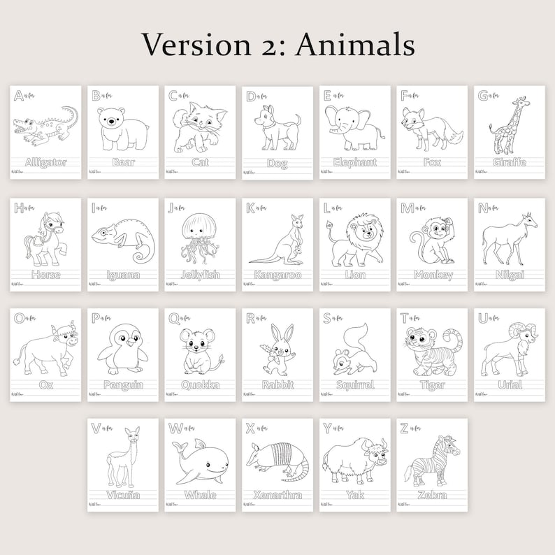 May include: A collection of 26 flashcards featuring animal illustrations, each paired with a letter of the alphabet. The cards are black and white, with the animal's name printed below the image. The text "Version 2: Animals" is at the top.