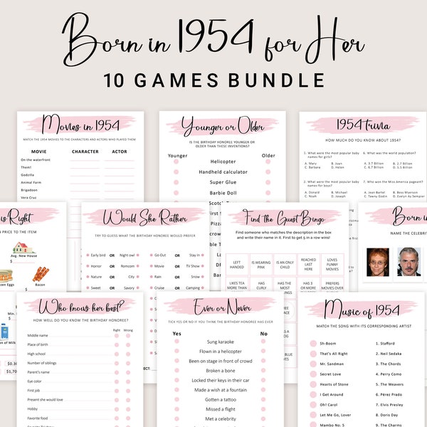 70th Birthday Games for Women 70th Birthday Party Games for Her Born in 1954 Game 1954 Trivia Quiz Activity Bundle Instant Digital PRINTABLE