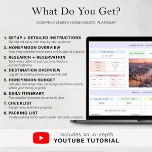 May include: A laptop screen displays a comprehensive honeymoon planner with sections for overview, budget, itinerary, and checklist. The text reads "What Do You Get?" and "Includes an in-depth YOUTUBE TUTORIAL."