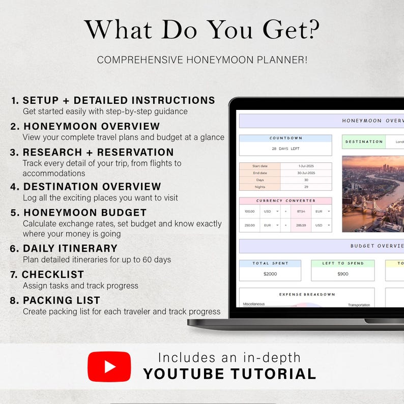 May include: A laptop screen displays a comprehensive honeymoon planner with sections for overview, budget, itinerary, and checklist. The text reads "What Do You Get?" and "Includes an in-depth YOUTUBE TUTORIAL."