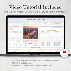 May include: A laptop displaying a travel spreadsheet with the text "Summer Escape Overview." The screen shows destination details, a checklist, currency converter, and upcoming bookings. The words "Video Tutorial Included" are at the top.