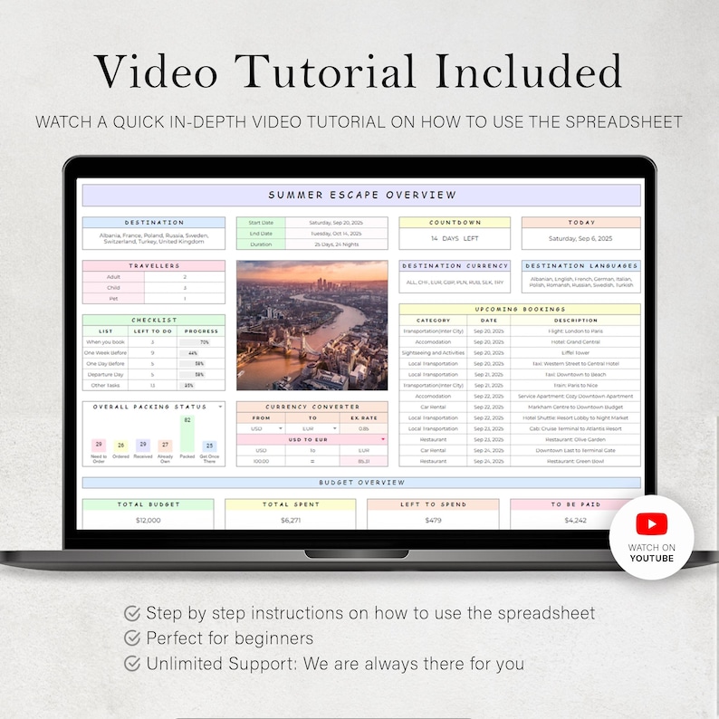 May include: A laptop displaying a travel spreadsheet with the text "Summer Escape Overview." The screen shows destination details, a checklist, currency converter, and upcoming bookings. The words "Video Tutorial Included" are at the top.