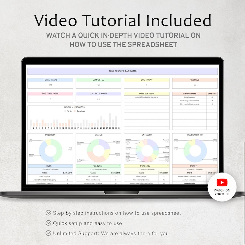 May include: A laptop computer screen displaying a task tracker spreadsheet with colorful charts and graphs. The spreadsheet includes sections for total tasks, completed tasks, due today, overdue, priority, status, category, and delegated to. The text "Video Tutorial Included" is at the top of the screen. The text "Watch on YouTube" is at the bottom of the screen.