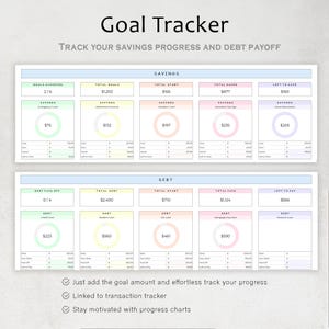 May include: A printable goal tracker with a light blue background and pastel colored boxes. The tracker is divided into two sections: Savings and Debt. Each section has six boxes with titles, goal amounts, and progress charts. The text "Goal Tracker" is at the top of the page. The text "Track your savings progress and debt payoff" is below the title. The text "Just add the goal amount and effortless track your progress" is below the tracker. The text "Linked to transaction tracker" is below the first line of text. The text "Stay motivated with progress charts" is below the second line of text.