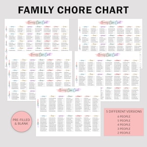 May include: Printable chore chart for families with different color options. The chart includes a list of chores for each day of the week and space for up to six people. The chart is available in pre-filled and blank versions.