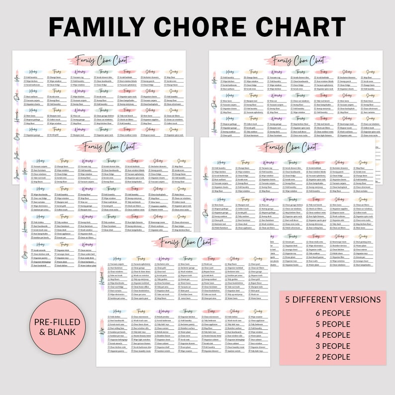 May include: Printable chore chart for families with different color options. The chart includes a list of chores for each day of the week and space for up to six people. The chart is available in pre-filled and blank versions.