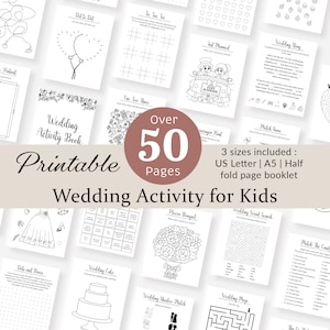 May include: A printable wedding activity book for kids with over 50 pages of activities, including dot-to-dot, tic-tac-toe, word searches, mazes, and more. The book is available in three sizes: US Letter, A5, and half-fold page booklet.