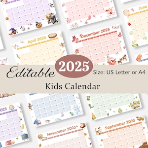 Calendario per bambini 2025 Calendario per bambini Planner per la scuola domestica Calendario accademico per la classe Calendario mensile da parete Ragazza Ragazzo PDF stampabile MODIFICABILE