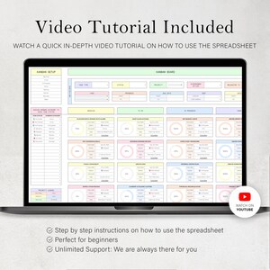 May include: A laptop displays a spreadsheet with a Kanban board layout. The screen shows a colorful, organized table with various categories and data fields. Text at the top reads "Video Tutorial Included." A YouTube icon is visible.