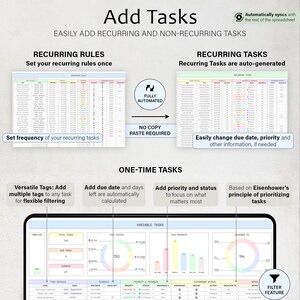 May include: A digital graphic with the title "Add Tasks" and information on recurring and one-time tasks. The image highlights features like recurring rules, auto-generation, and flexible filtering options for task management.