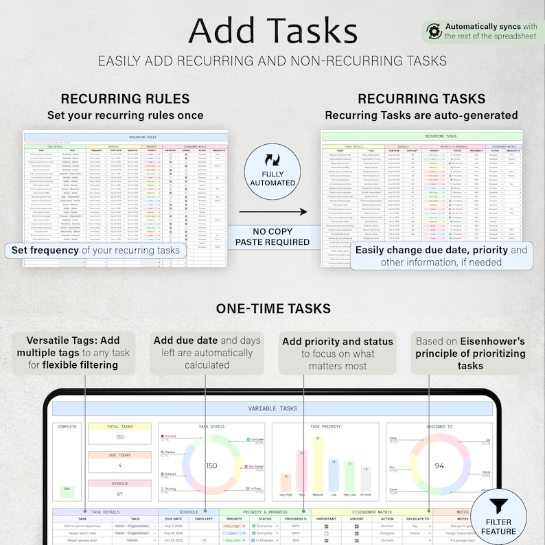 May include: A digital graphic with the title "Add Tasks" and information on recurring and one-time tasks. The image highlights features like recurring rules, auto-generation, and flexible filtering options for task management.