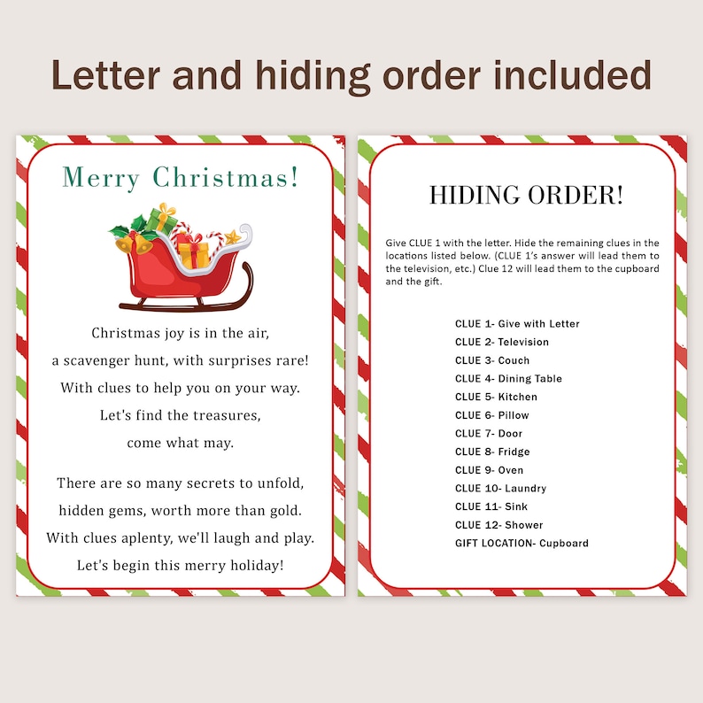May include: A red and white Christmas card with a festive illustration of a Santa Claus sleigh. The card includes a poem about a Christmas scavenger hunt with clues hidden around the house. The card also includes a list of hiding locations for the clues.