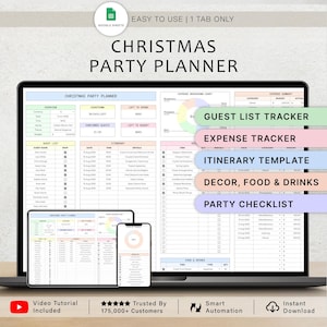 Puede incluir: Una plantilla digital de planificador de fiestas navideñas para Google Sheets mostrada en una computadora portátil, tableta y teléfono inteligente. La interfaz incluye secciones para lista de invitados, gastos, itinerario, decoración, comida y bebidas.