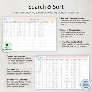 May include: A digital interface with the text "Search & Sort" and "Find and Organize Your Family Records Instantly." Features include searching by name or location, exact phrase matching, and sorting options. The interface is fully automated.