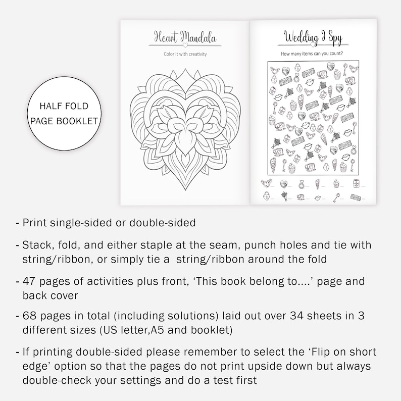 May include: A black and white printable booklet with two pages shown. The left page has the title "Half Fold Page Booklet" and the right page has a heart mandala coloring page with the title "Heart Mandala" and the text "Color it with creativity". The second page shown is a "Wedding I Spy" page with the text "How many items can you count?" and a grid of wedding-themed images.