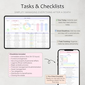 May include: A digital planner interface titled "Tasks & Checklists" with the tagline "Simplify managing everything after a death." The image shows a tablet and a phone displaying task management features and a checklist.
