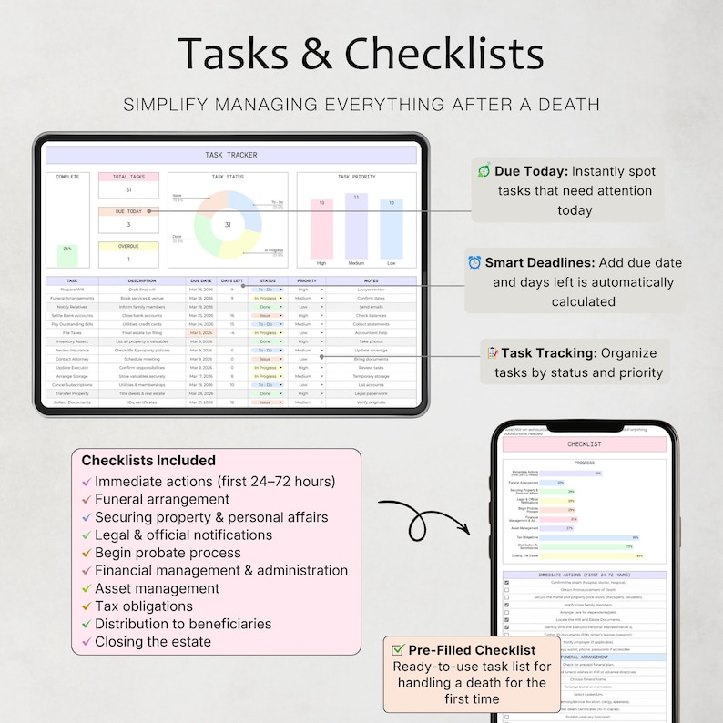 May include: A digital planner interface titled "Tasks & Checklists" with the tagline "Simplify managing everything after a death." The image shows a tablet and a phone displaying task management features and a checklist.