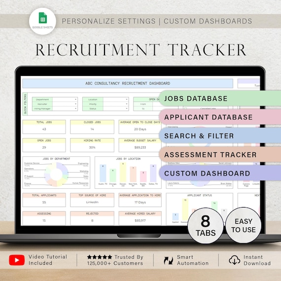 Recruitment Tracker Spreadsheet Hiring Tracker Recruiting Planner Application Tracking System Template ATS Interview Scheduling Google Sheet