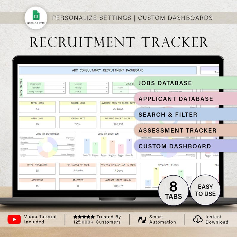 May include: A laptop screen showing a recruitment tracker dashboard with data visualizations and labels. The screen displays sections for jobs, applicants, and assessments. Text includes "Recruitment Tracker," "Jobs Database," and "Easy to Use."