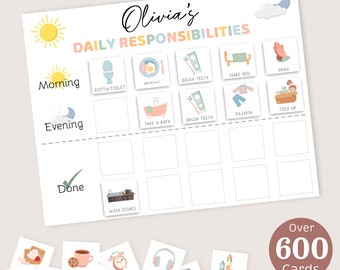 May include: A printable chart with a colourful design for a child's daily responsibilities. The chart is divided into morning and evening sections with a checklist for tasks like brushing teeth, making the bed, and taking a bath. The chart also includes a section for "Done" with a tick. The chart is titled "Olivia's Daily Responsibilities".