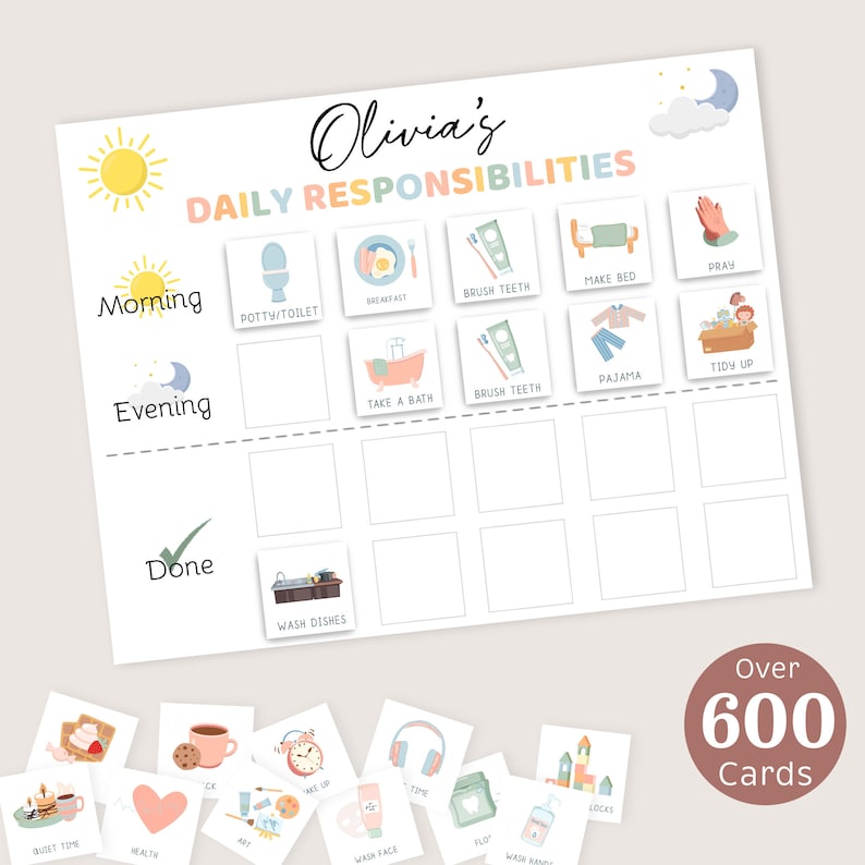 Daily Responsibilities Chart Kids Morning Evening Checklist Visual Routine Cards Toddler Task List Chore Chart Schedule Rhythm EDITABLE image 1