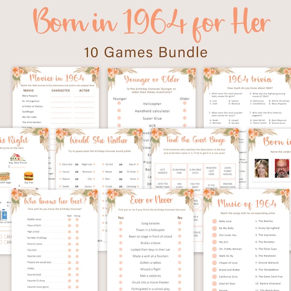 60th Birthday Games for Women 60th Birthday Party Games for Her Born in 1964 Game 1964 Trivia Quiz Activity Bundle Digital Instant PRINTABLE