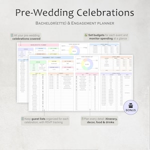 May include: A pre-wedding celebrations planner with the text "Pre-Wedding Celebrations" and "Bachelor(ette) & Engagement Planner". The planner includes sections for budgeting, guest lists, and event details.