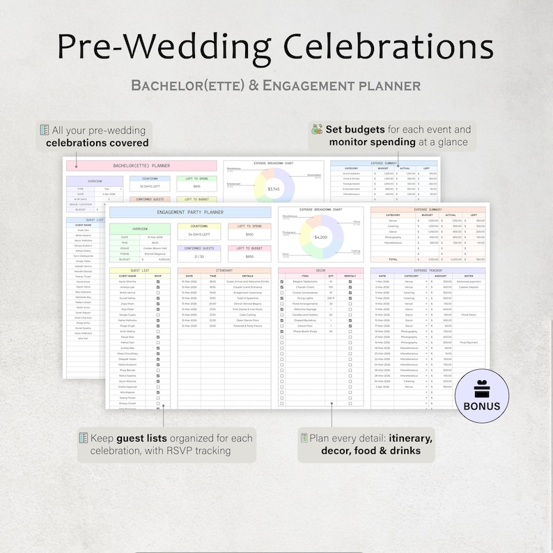 May include: A pre-wedding celebrations planner with the text "Pre-Wedding Celebrations" and "Bachelor(ette) & Engagement Planner". The planner includes sections for budgeting, guest lists, and event details.