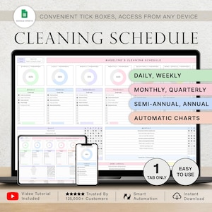 May include: A laptop displaying a digital cleaning schedule template with a tablet and smartphone showing the same template. The template includes daily, weekly, monthly, quarterly, semi-annual, and annual sections. Text includes "Convenient Tick Boxes" and "Easy to Use."