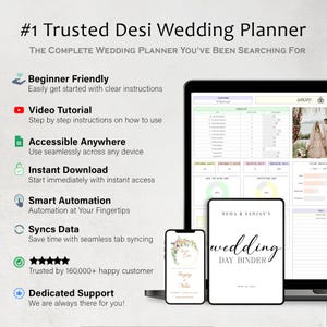 May include: A digital wedding planner displayed on a laptop, tablet, and phone. The planner includes checklists, seating charts, and other organizational tools. The phone and tablet show a floral wedding invitation design. Text on the tablet reads "wedding day binder".