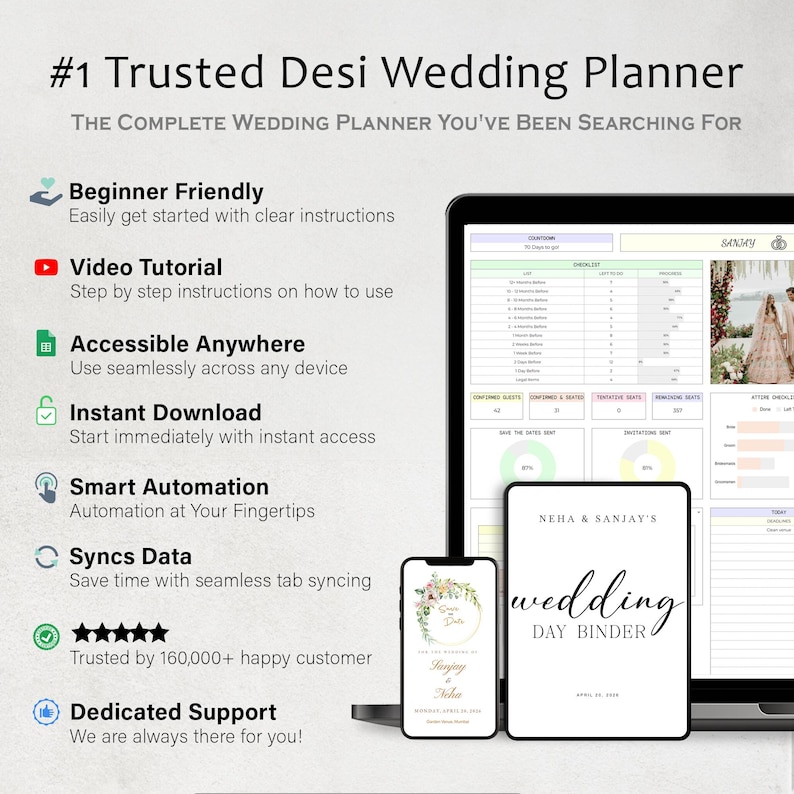 May include: A digital wedding planner displayed on a laptop, tablet, and phone. The planner includes checklists, seating charts, and other organizational tools. The phone and tablet show a floral wedding invitation design. Text on the tablet reads "wedding day binder".
