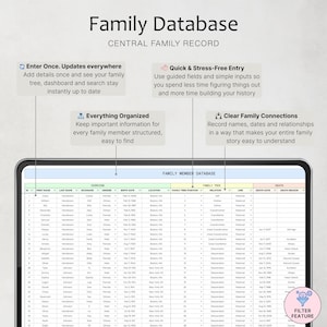 May include: A digital family database interface with the title "Family Database" at the top. The interface displays a spreadsheet-like layout with columns for names, birthdates, and relationships. Text highlights features like quick entry and organized information.