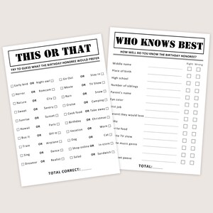 May include: Two white paper game sheets with black text. One sheet reads "THIS OR THAT" with fill-in-the-blank questions. The other sheet reads "WHO KNOWS BEST" with questions to test knowledge of the birthday honoree.