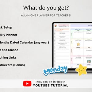 Może przedstawiać: Cyfrowy planer dla nauczycieli wyświetlony na ekranie z listą funkcji: Quick Setup, Weekly Planner, 12 Months Dated Calendar, Year at a Glance, Teaching Links oraz 50 Stickers. Ekran przedstawia harmonogram tygodniowy z r&oacute;żnymi ikonami.