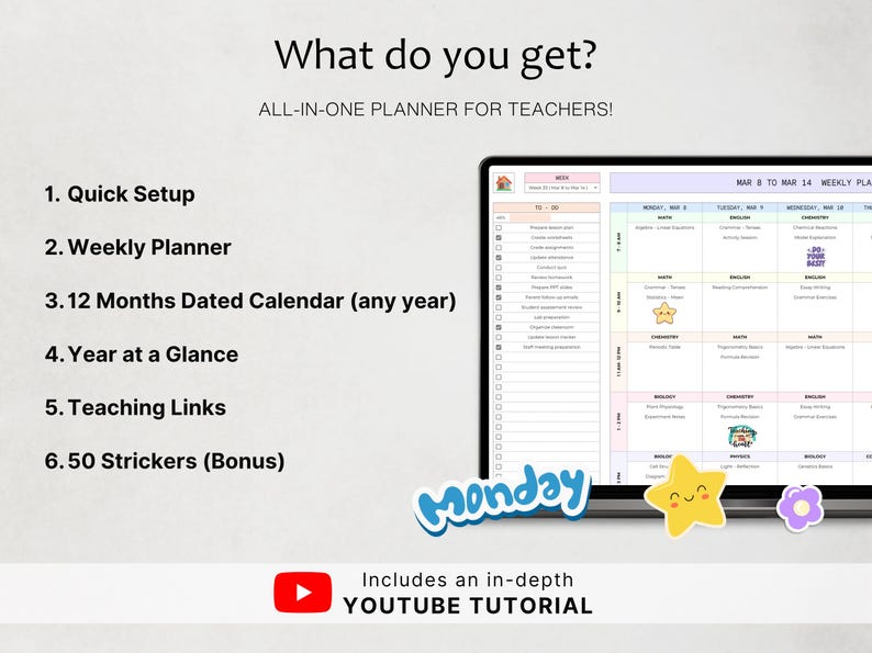 Może przedstawiać: Cyfrowy planer dla nauczycieli wyświetlony na ekranie z listą funkcji: Quick Setup, Weekly Planner, 12 Months Dated Calendar, Year at a Glance, Teaching Links oraz 50 Stickers. Ekran przedstawia harmonogram tygodniowy z r&oacute;żnymi ikonami.