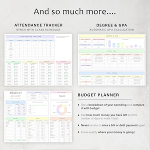 May include: A collection of digital planner pages with colorful headers and text. The pages include an attendance tracker, degree and GPA calculator, and a budget planner. The text "And so much more..." is at the top.