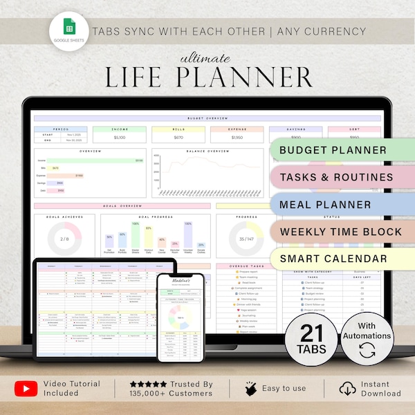 Planificador de vida, hoja de cálculo, plantilla de seguimiento de presupuesto, lista de tareas pendientes, hábito, objetivo de productividad, planificador diario, calendario digital, hojas de cálculo de Google.