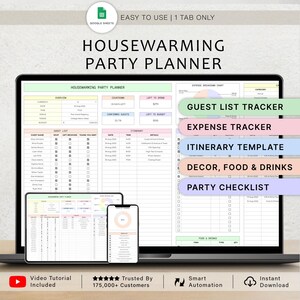Puede incluir: Un ordenador portátil, una tableta y un smartphone muestran una plantilla de planificador de fiesta de inauguración. La pantalla muestra una hoja de cálculo detallada con secciones para listas de invitados, gastos e itinerarios. El texto incluye "Fácil de usar".