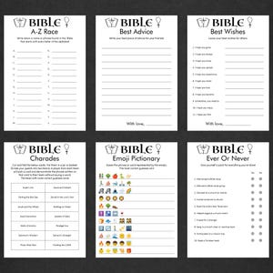 May include: A printable Bible-themed game set with six different games: A-Z Race, Best Advice, Best Wishes, Charades, Emoji Pictionary, and Ever or Never. Each game has a different theme and instructions.